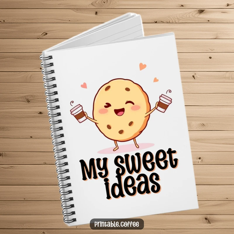 Funny winking cookie character happily juggling tiny coffee cups on a notebook cover, for jotting down ideas.