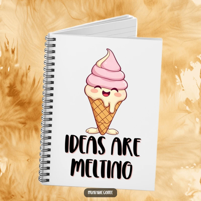 Funny notebook featuring a giggling ice cream cone character melting slightly, ideal for jotting down sweet thoughts.
