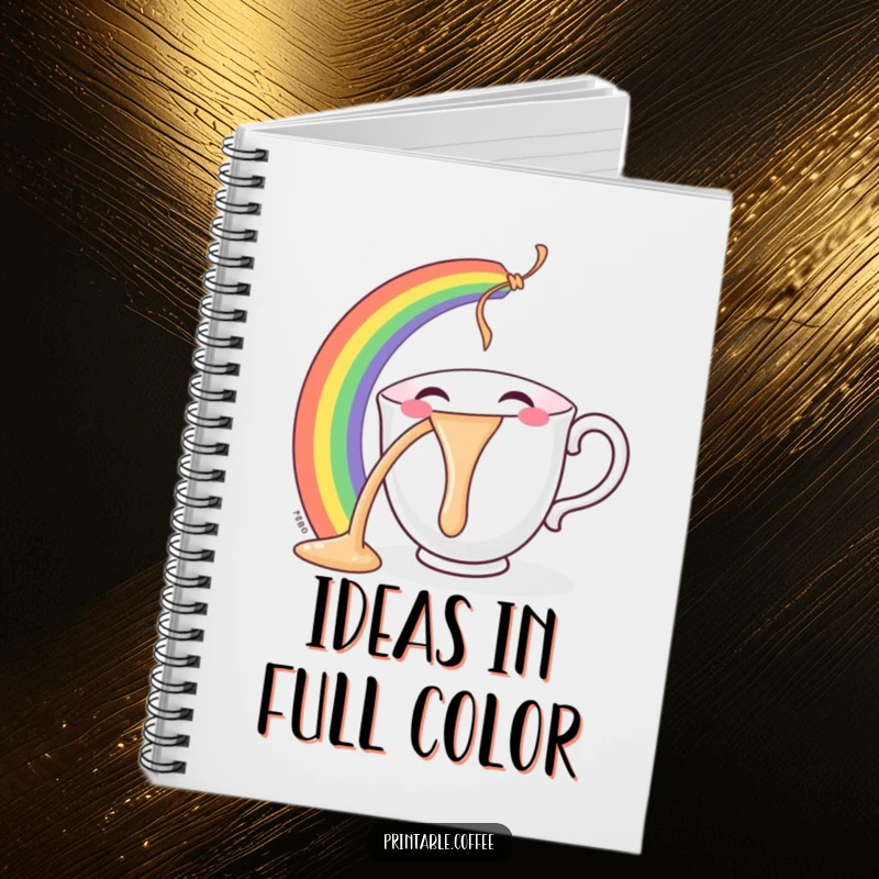 Funny teacup notebook featuring a smiling character joyfully pouring a rainbow, ideal for jotting down notes with vibrant inspiration.