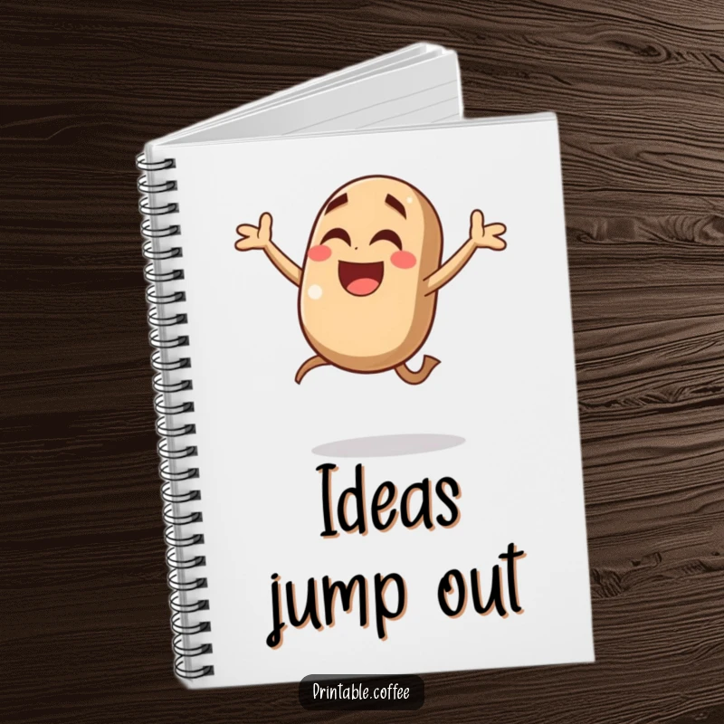 Funny coffee bean notebook with a giggling character jumping with joy in mid-air, perfect for jotting down notes with caffeinated inspiration.