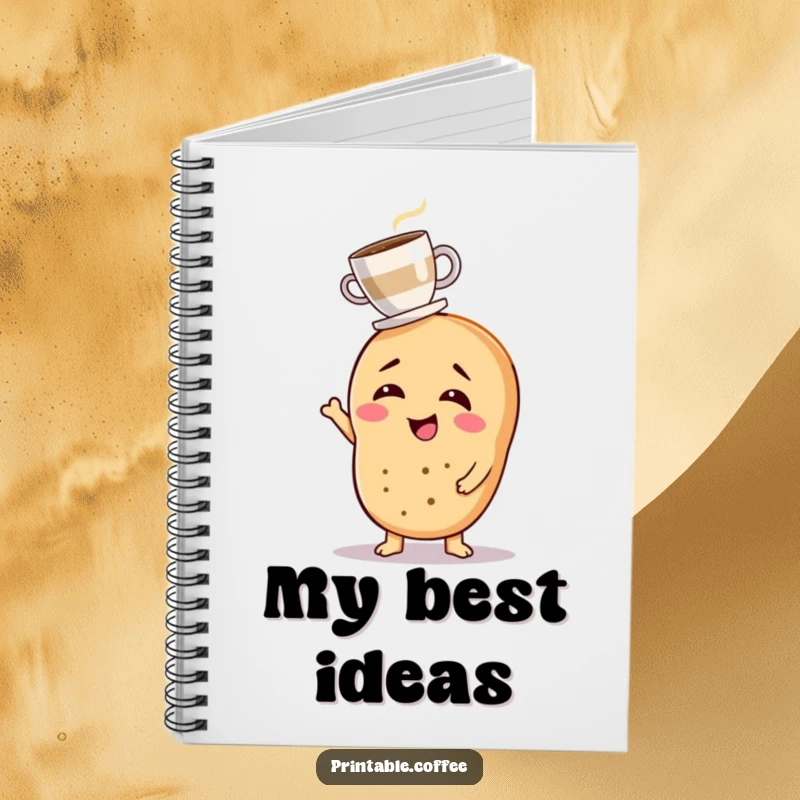 Funny notebook with a giggling bagel character balancing a tiny coffee cup, great for morning notes.