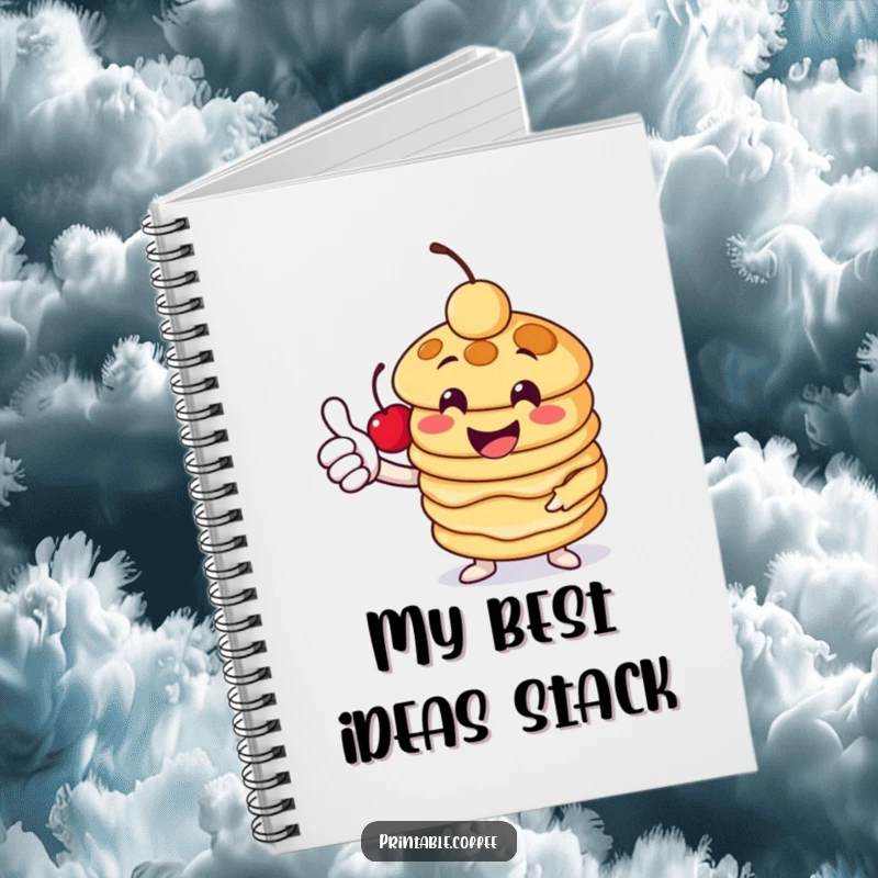 Funny pancake notebook with a cheerful stack character giving a thumbs-up, topped with a cherry, perfect for jotting down notes with breakfast delight.