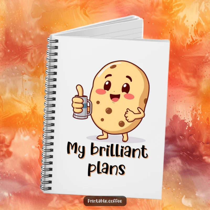 Funny Notebook with a playful cookie character giving a thumbs up while holding a miniature coffee pot, inspiring positive thoughts.