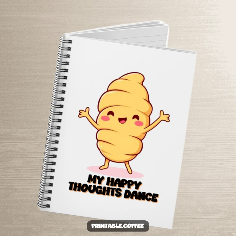 Funny croissant notebook with a jolly pastry character doing a happy dance, perfect for jotting down notes with a side of baked good hilarity.