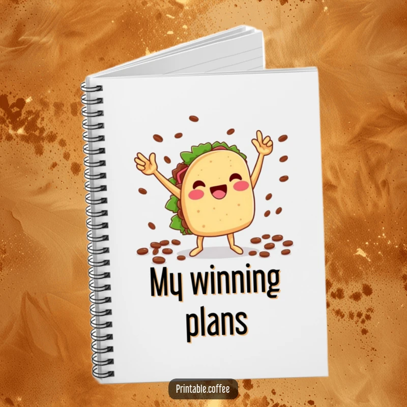 Funny notebook: A cheesy taco character celebrates with a victory dance and coffee beans, ideal for jotting down exciting plans.