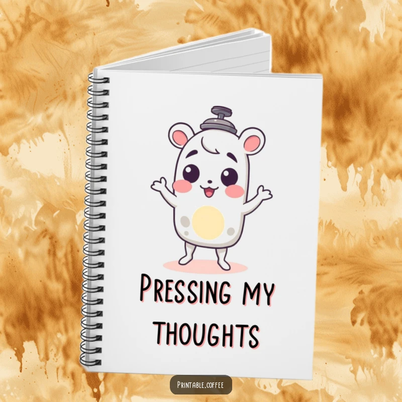 Funny French press notebook featuring a character delightfully doing a little shimmy, ideal for jotting down notes with coffee-inspired fun.