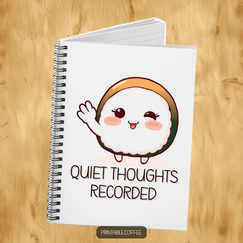 Funny notebook with a blushing piece of sushi character doing a shy wave, ideal for jotting down gentle thoughts.