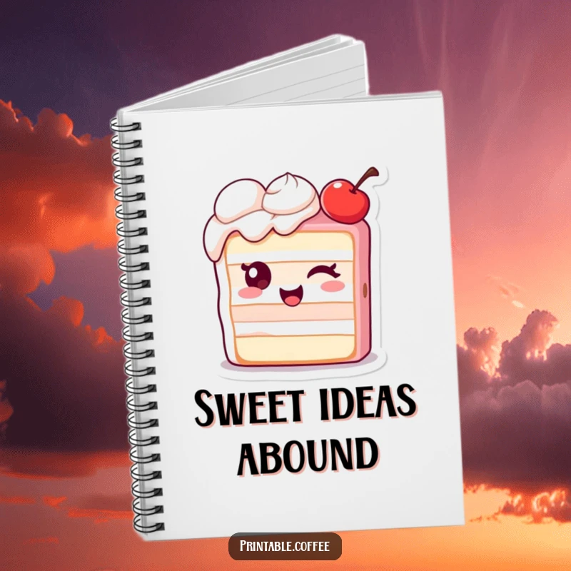 Funny notebook with a winking piece of cake character and an extra cherry, ideal for jotting down sweet thoughts.