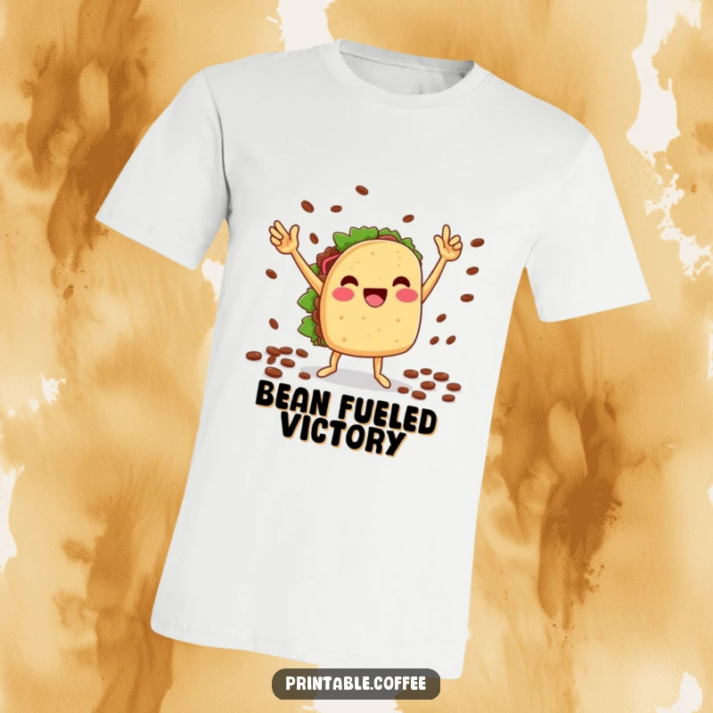 Funny t-shirt: A cheesy taco character is captured mid-victory dance, energetically holding coffee beans, radiating pure fiesta joy.