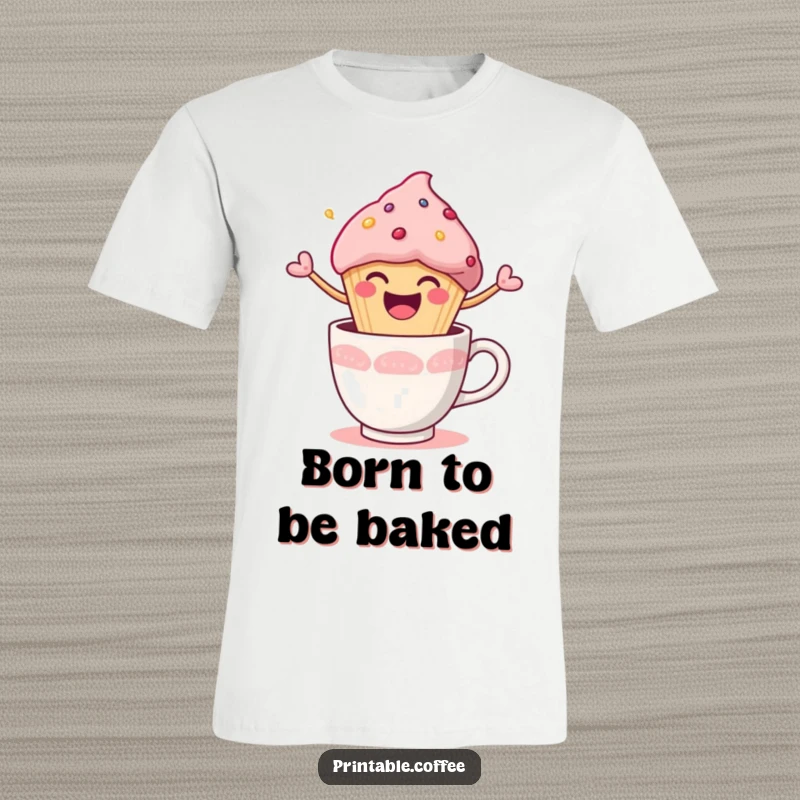 Funny T-Shirt with a happy muffin character joyfully bursting out of a coffee cup, showcasing infectious happiness.