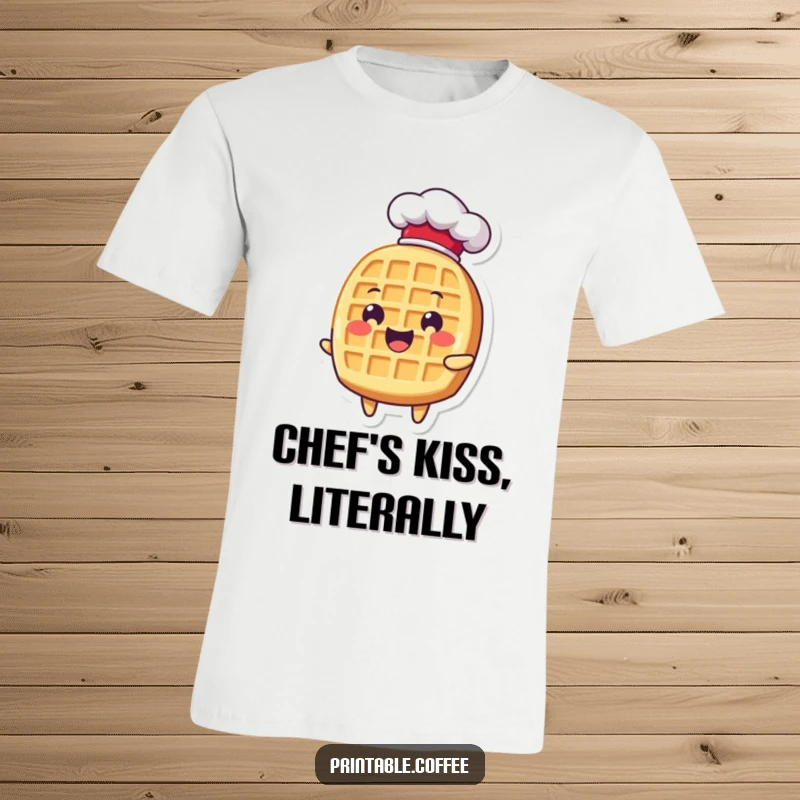 Funny waffle character wearing a tiny chef hat, looking delighted, perfect for a humorous food-themed t-shirt.