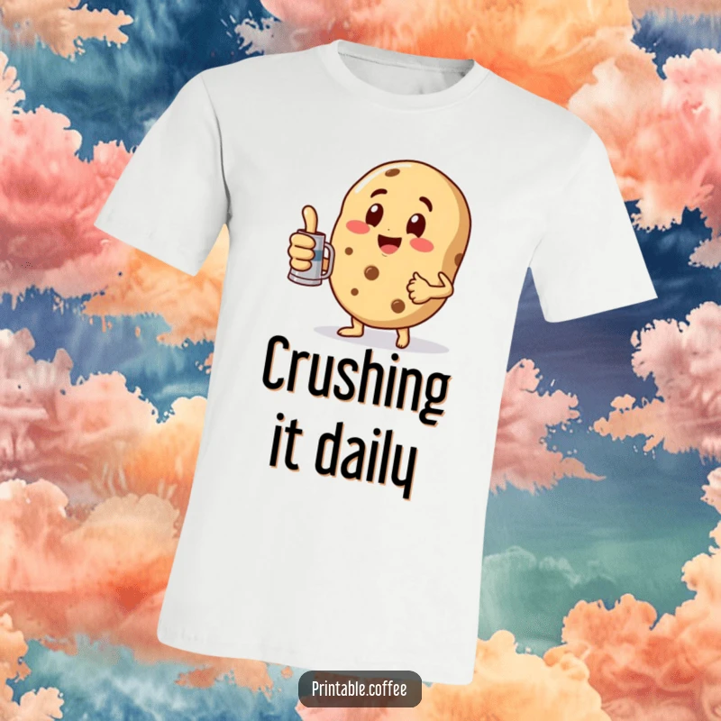 Funny T-Shirt with a playful cookie character giving a thumbs up while holding a miniature coffee pot, spreading good vibes.