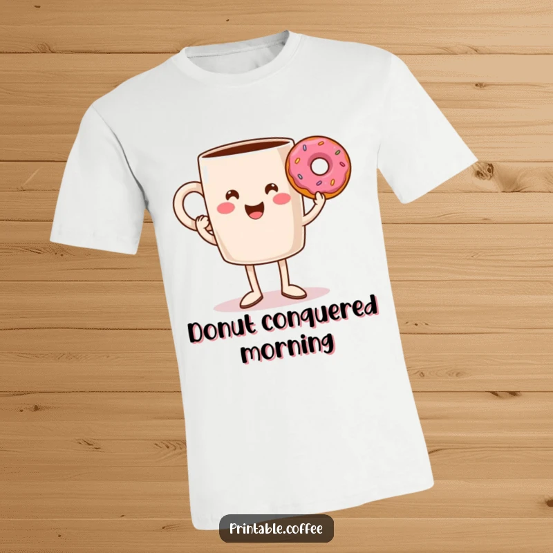 Funny coffee mug character with legs triumphantly holding a donut, showcasing a joyful breakfast celebration on a tee.