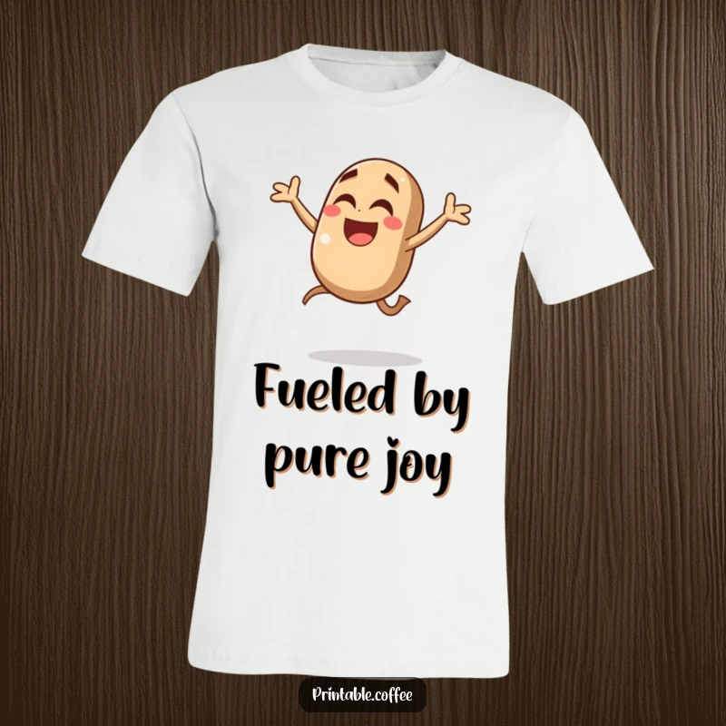 Funny coffee bean t-shirt showcasing a giggling character jumping exuberantly in mid-air, full of caffeinated glee and bean-shaped happiness.