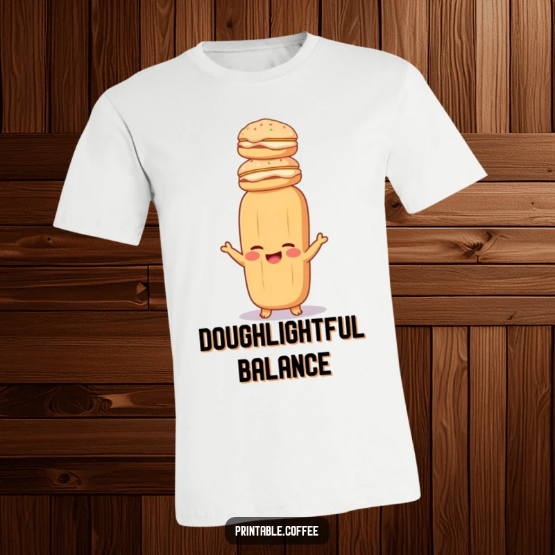 Funny baguette t-shirt showing a giggling baguette balancing a towering stack of cream-filled pastries on its head.