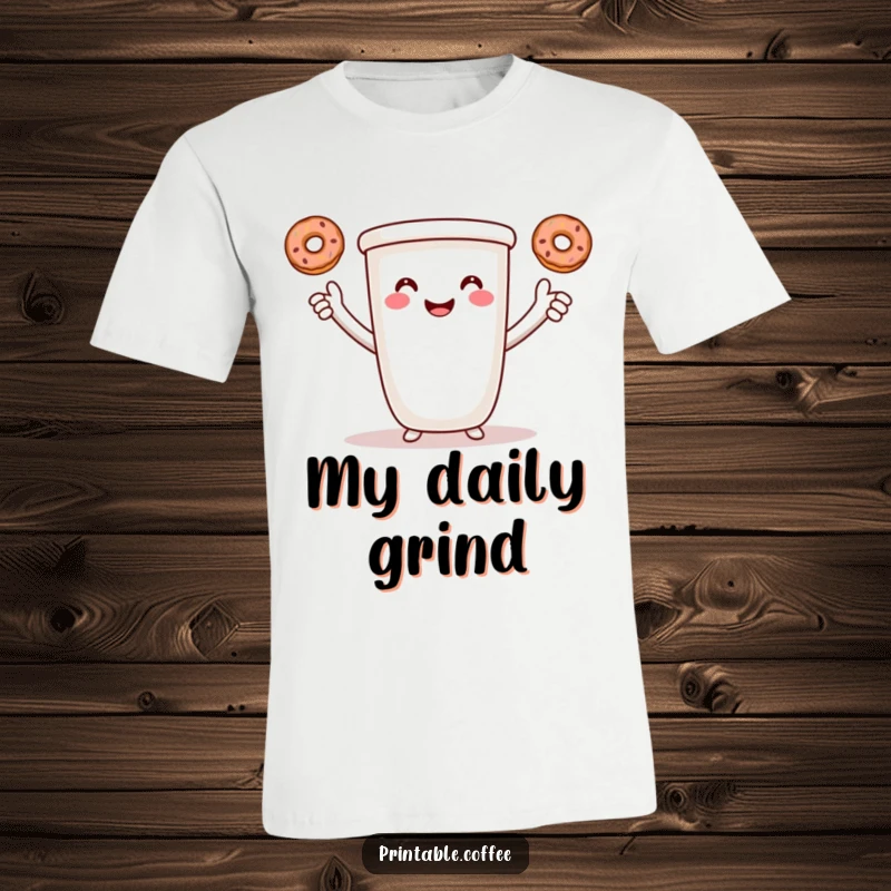 Funny t-shirt showing a smiling coffee cup with arms, juggling three delicious-looking tiny donuts.