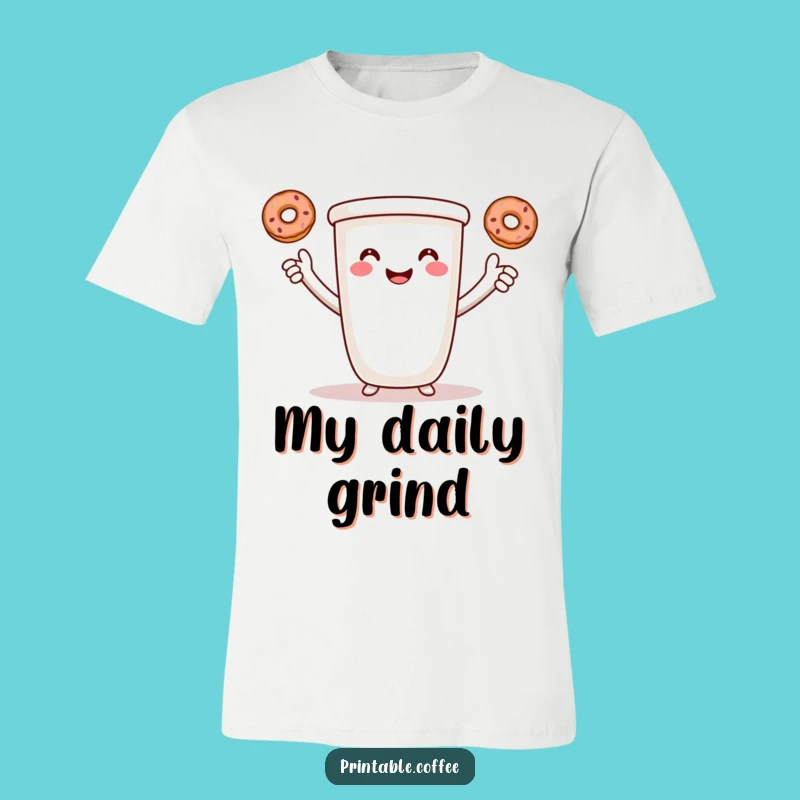 Funny Coffee Juggler Tee: Smiling Cup with Donuts, Hilarious Breakfast Shirt Gift