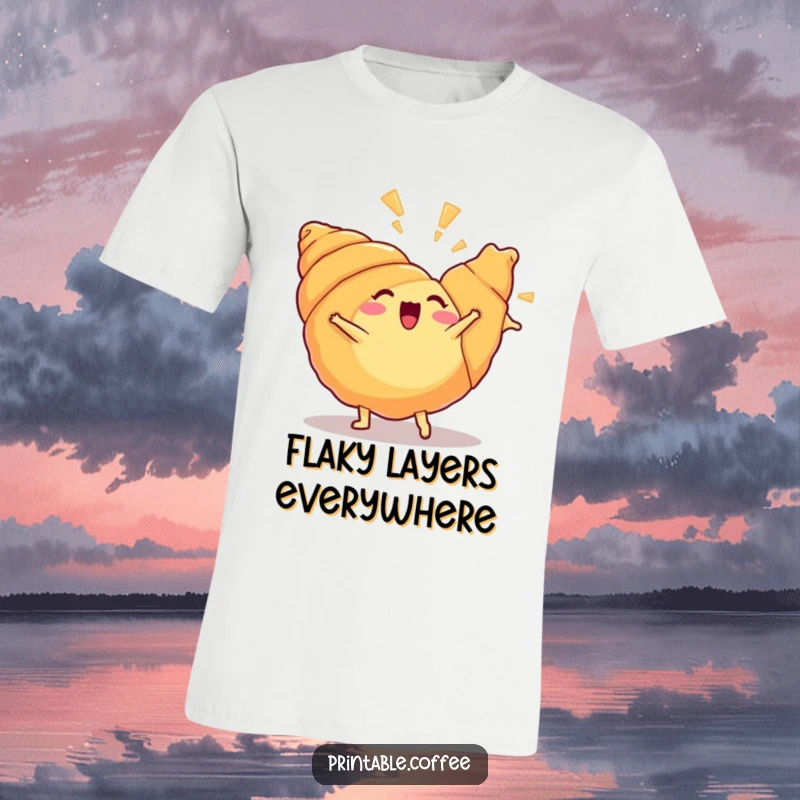 Funny croissant t-shirt featuring a joyful croissant mid-cartwheel, flaky bits flying, embodying pure pastry happiness.