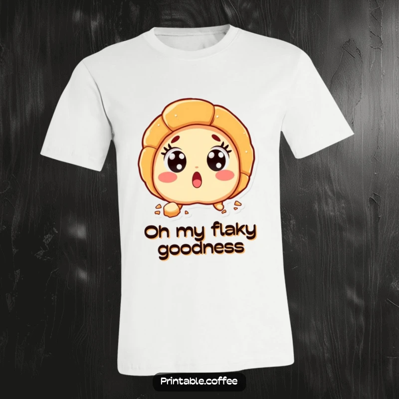 Funny croissant character looking surprised with wide eyes and flaky crumbs, printed on a comfortable t-shirt.