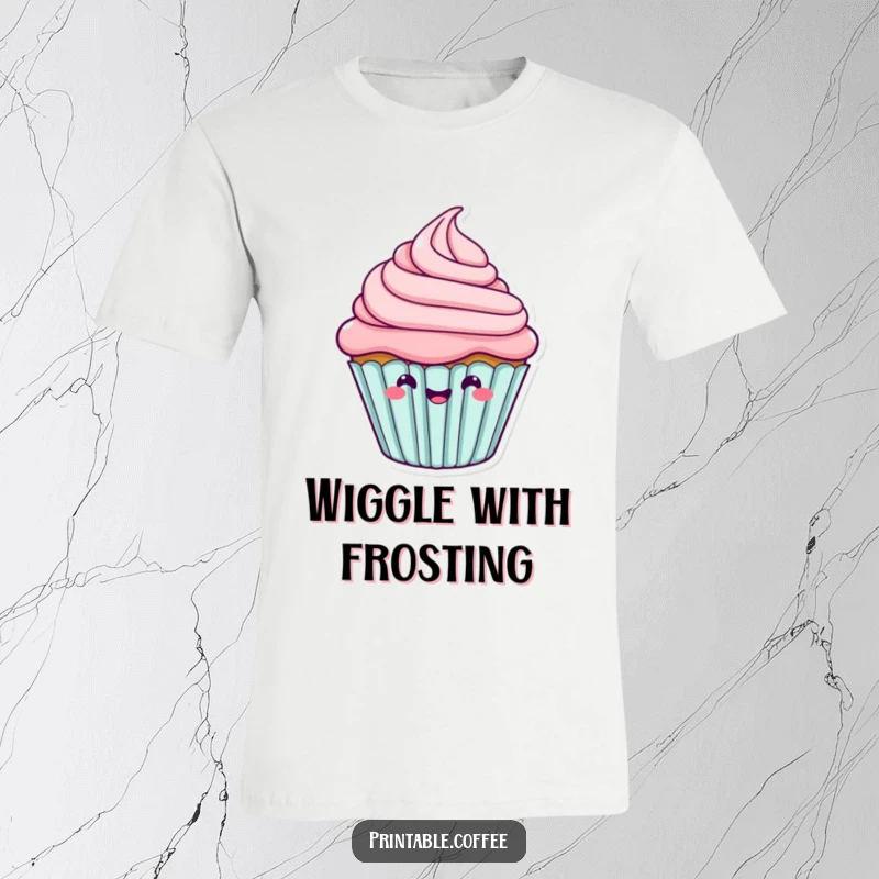 Funny cupcake character wiggling its frosting with joy, printed on a soft t-shirt.