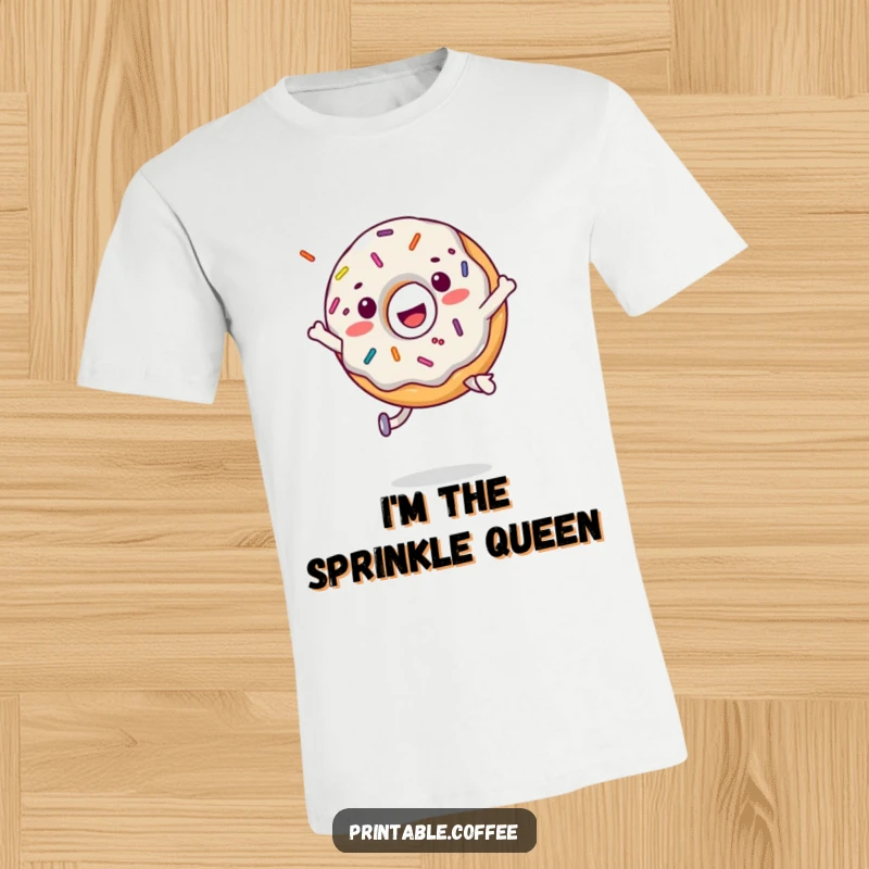Funny donut character mid-jump, with sprinkles flying, printed on a comfortable t-shirt.