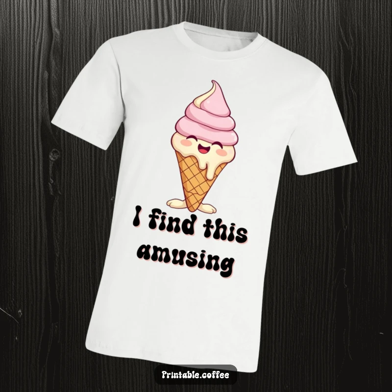 Funny t-shirt depicting a giggling ice cream cone melting slightly with amusement, capturing a moment of pure delight.