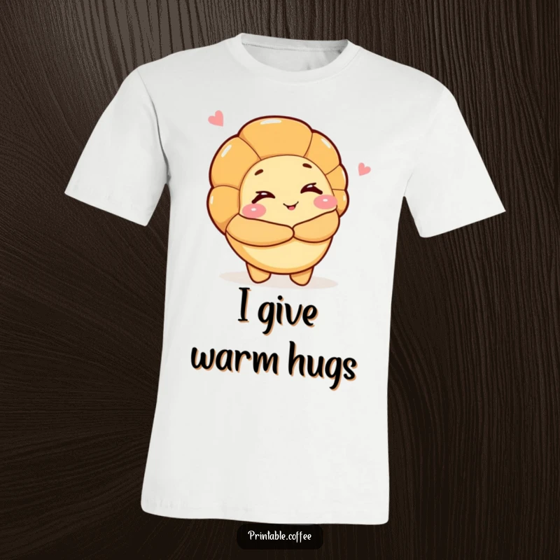 Funny t-shirt displaying a croissant character winking and offering an open hug, symbolizing warmth, comfort, and delicious pastry.