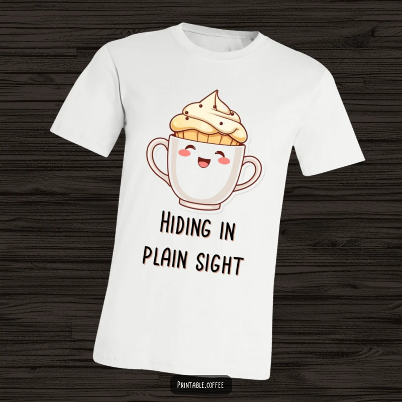 Funny laughing muffin character peeking from behind a giant coffee cup on a t-shirt, expressing joyful surprise.