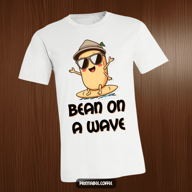 Funny t-shirt showcasing a coffee bean character with sunglasses, riding a surfboard on a wave, radiating cool and adventurous energy.