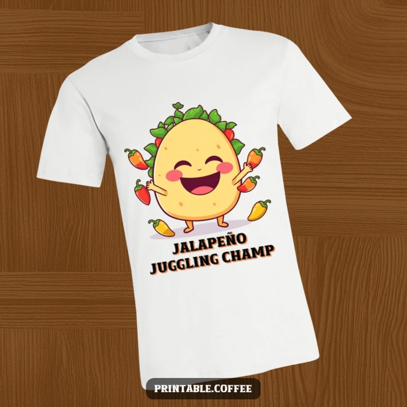 Funny taco character laughing while juggling tiny jalapeño peppers, printed on a comfortable t-shirt.
