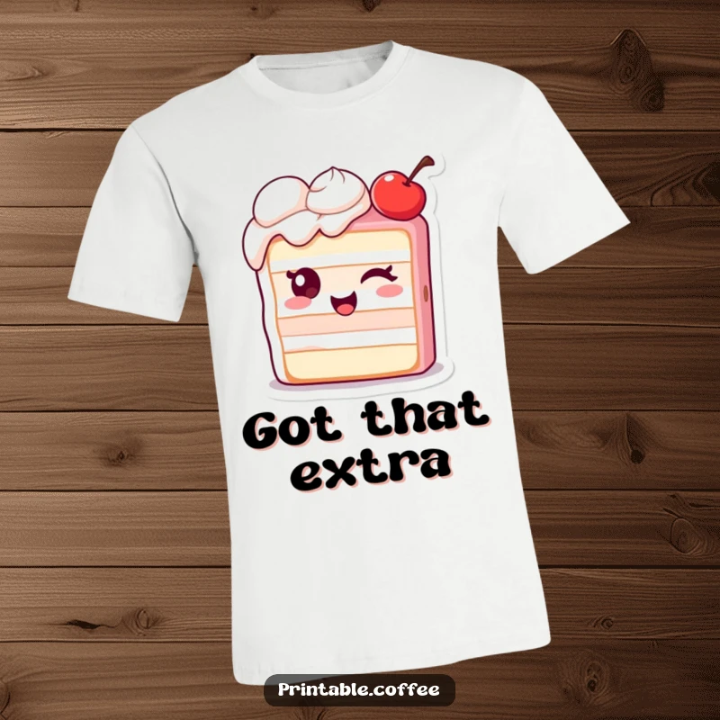 Funny t-shirt depicting a winking piece of cake character with an extra cherry, perfect for spreading playful cheer.
