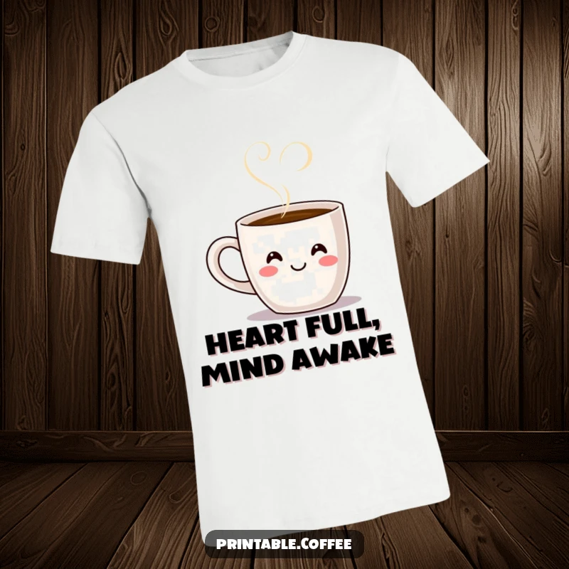 Funny smiling coffee mug character with steam forming a heart shape, printed on a soft and humorous t-shirt.