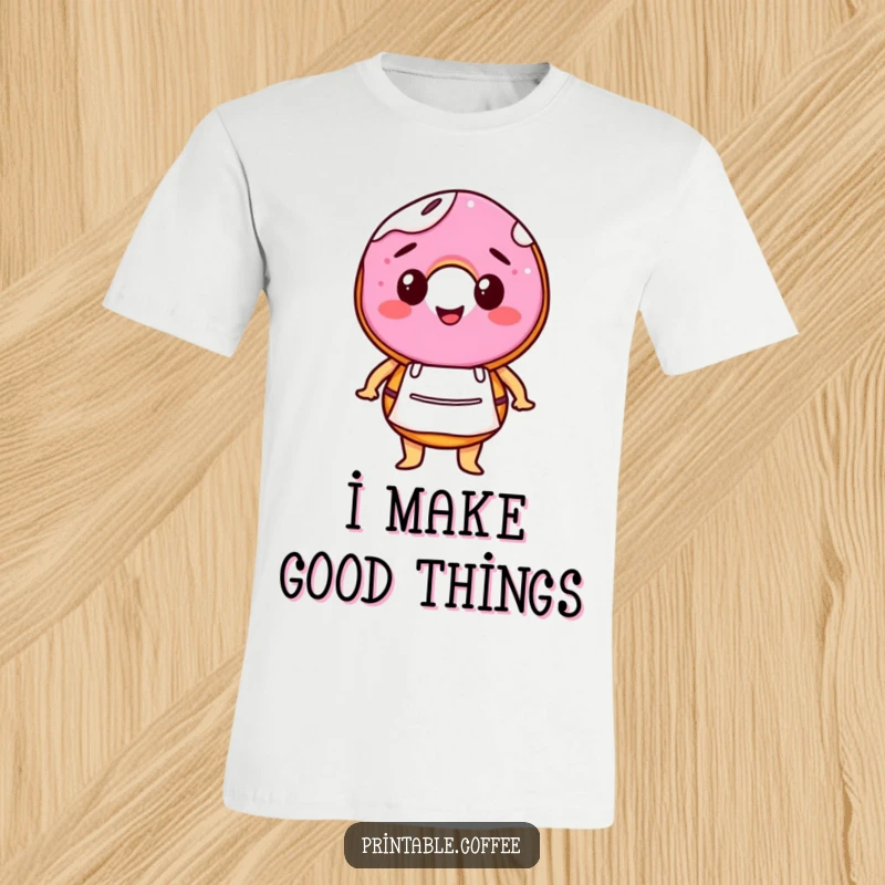 Funny t-shirt displaying a happy donut character wearing a miniature barista apron, exuding cheerful service and baked goods charm.