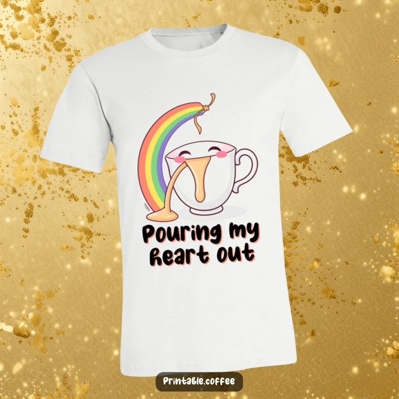 Funny smiling teacup character t-shirt gleefully pouring a bright rainbow, symbolizing joy and colorful imagination.