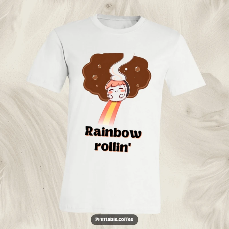 Funny t-shirt: A winking sushi character comically slides down a rainbow formed by coffee steam, showcasing imaginative delight.
