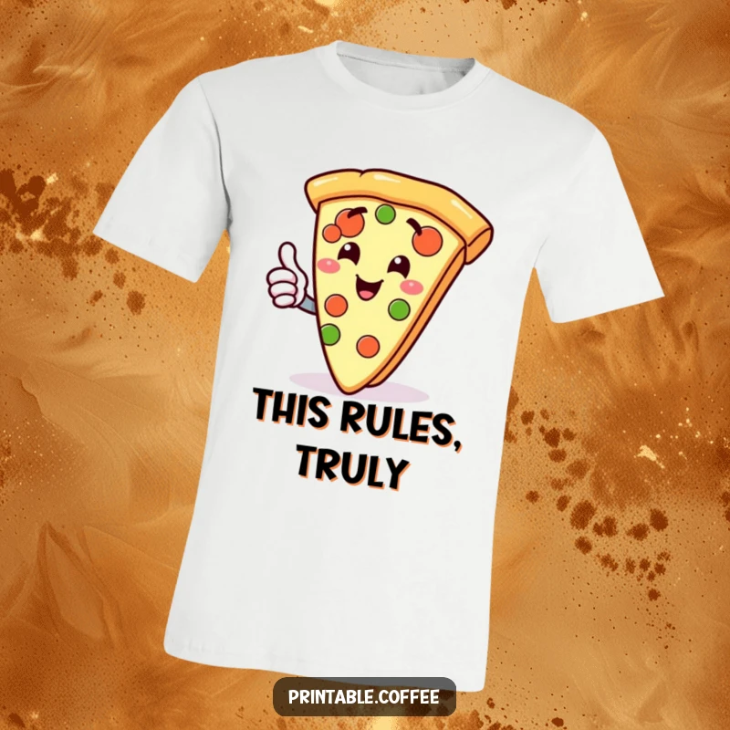Funny t-shirt depicting a gleeful slice of pizza character giving a thumbs up, celebrating deliciousness and good vibes.
