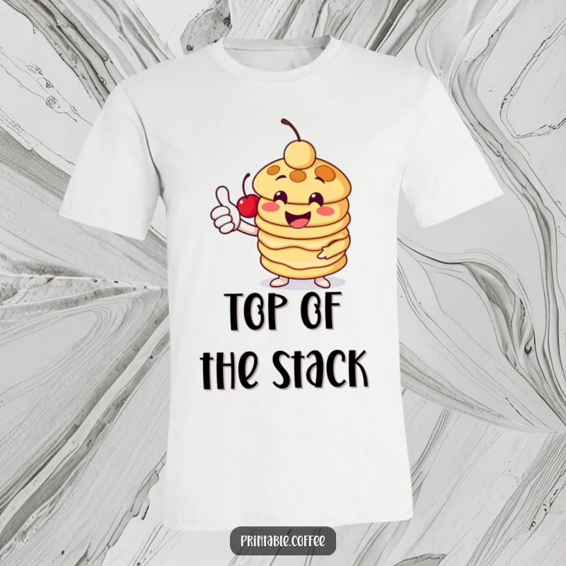 Funny pancake t-shirt featuring a cheerful stack character giving a thumbs-up, topped with a cherry, embodying breakfast positivity.