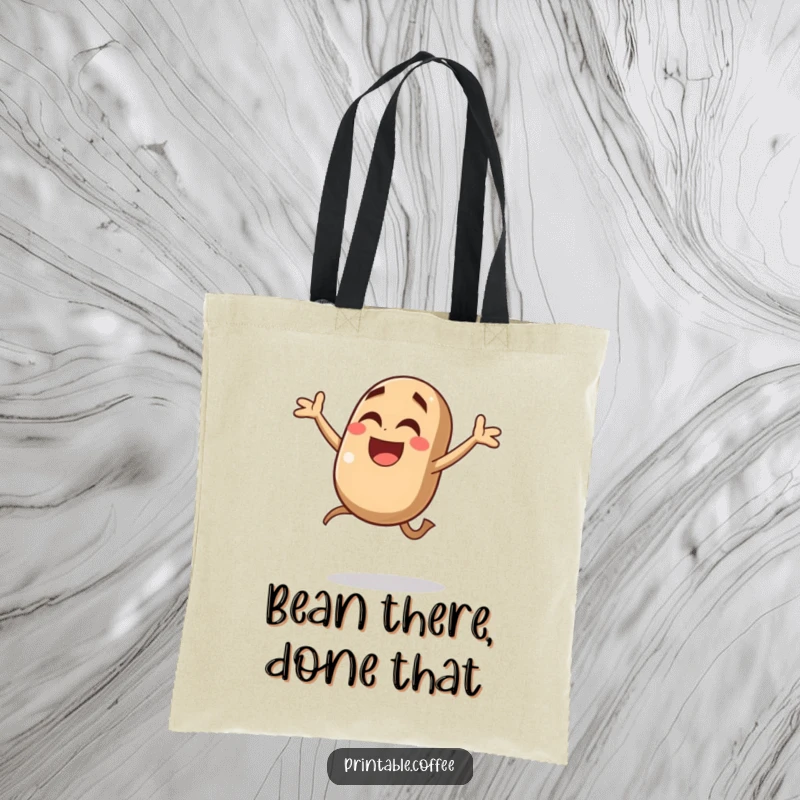 Funny coffee bean tote bag with a giggling character jumping with joy in mid-air, perfect for carrying daily essentials with caffeinated enthusiasm.