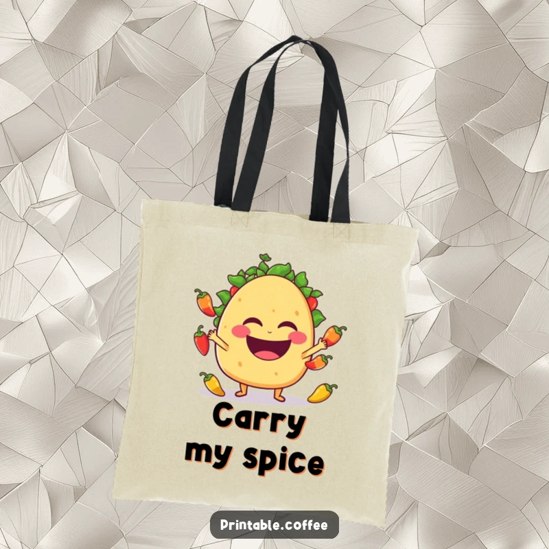 Funny taco character laughing and juggling small jalapeño peppers, printed on a durable tote bag.