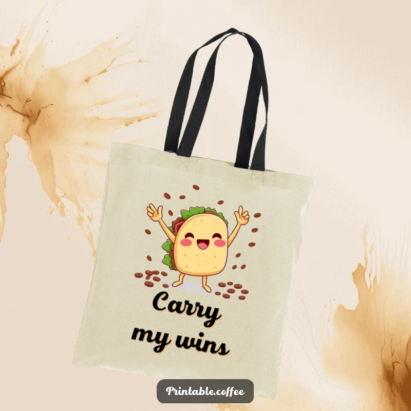 Funny tote bag: A cheesy taco character dances victoriously, clutching coffee beans, perfect for carrying groceries with a side of fiesta.