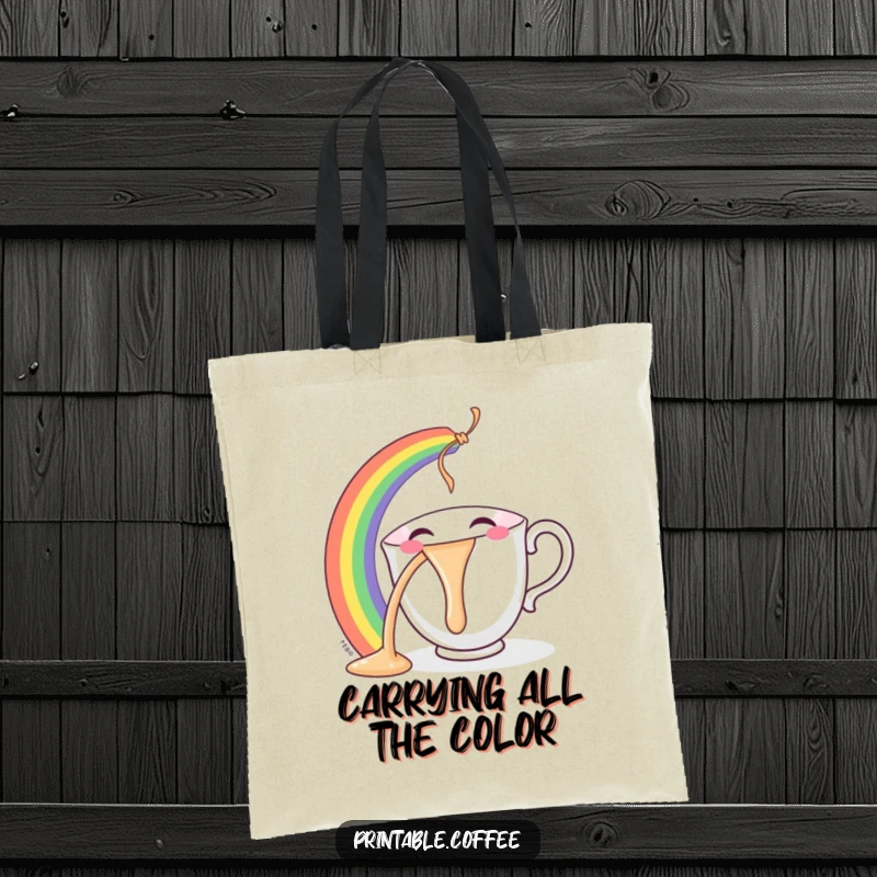 Funny teacup tote bag with a character smiling and gleefully pouring a vibrant rainbow, ideal for stylish and happy carrying.
