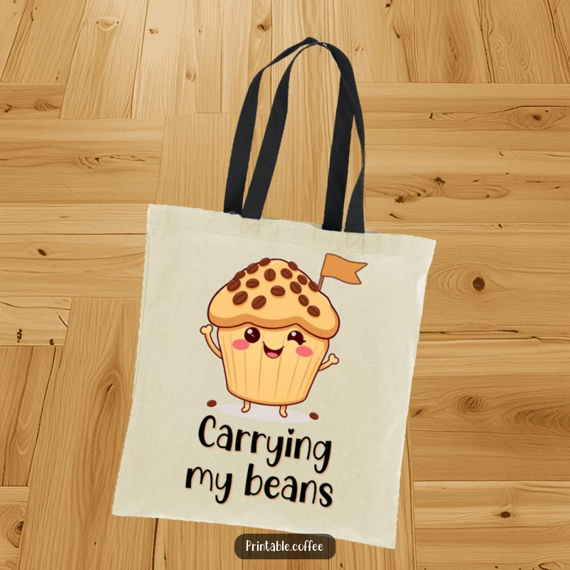 Funny Tote Bag: A happy muffin character cheerfully waves a tiny flag constructed from coffee beans, ideal for stylish, fun carrying.