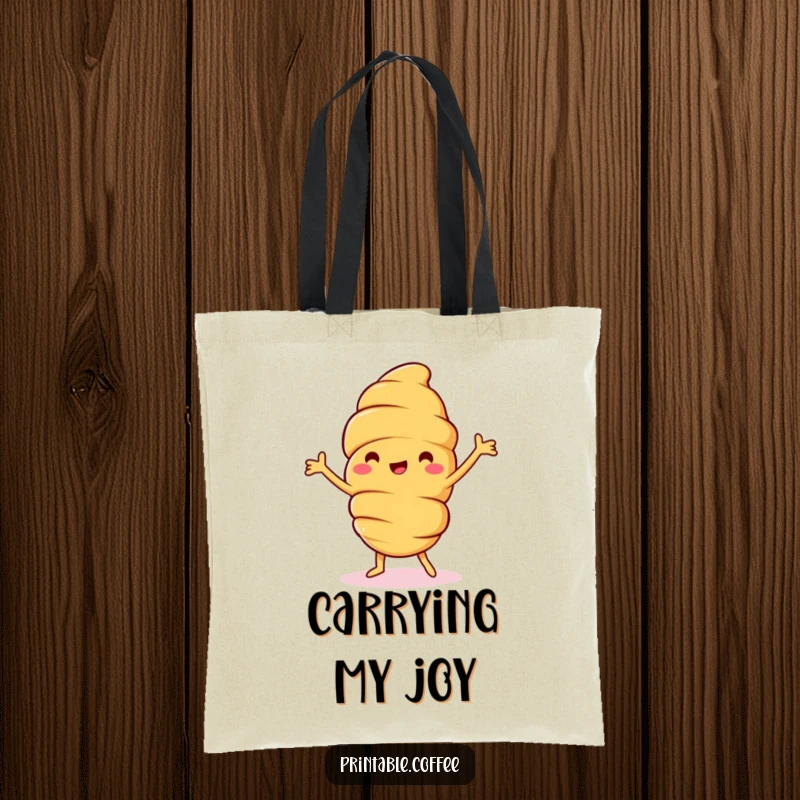 Funny croissant tote bag with a jolly pastry character performing a happy dance, tiny arms in motion, ideal for carrying groceries with glee.