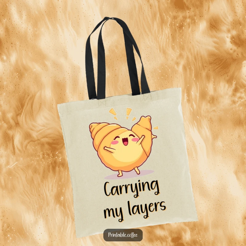 Funny croissant tote bag with a happy croissant doing a cartwheel, flaky layers scattering, great for grocery shopping.