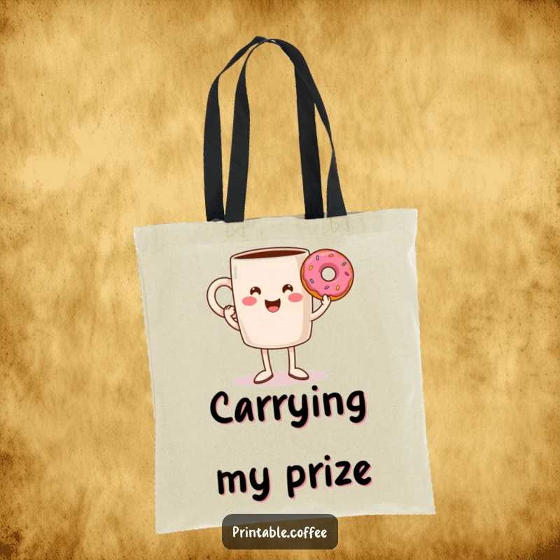 Funny coffee mug with legs triumphantly holding a donut, a durable and humorous tote bag for carrying everyday items.