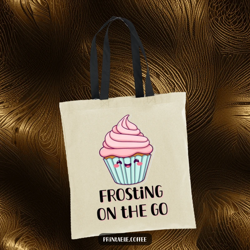 Funny cupcake character with joyfully wiggling frosting, printed on a durable tote bag.