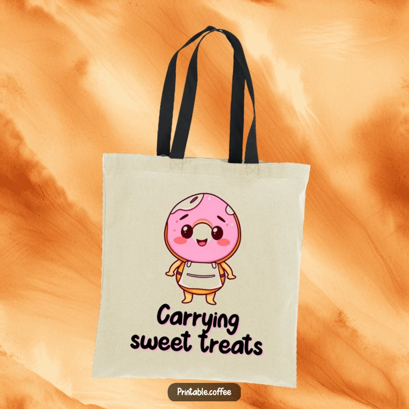 Funny tote bag with a happy donut character in a miniature barista apron, designed for carrying essentials with sweet style.