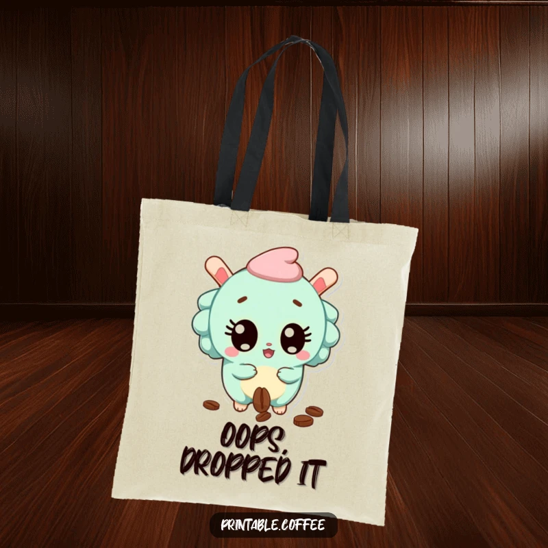 Funny Tote Bag showcasing a surprised churro character with wide eyes, dropping a coffee bean, perfect for daily surprises.
