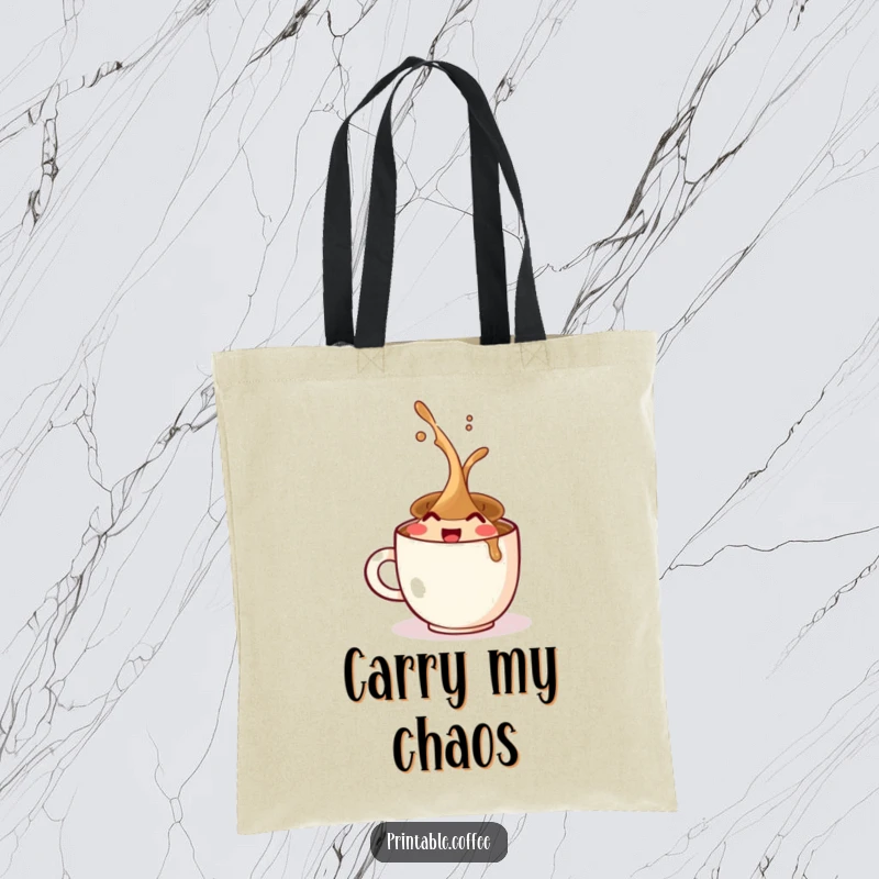 Funny tote bag with a jubilant coffee cup character enthusiastically spilling, perfect for carrying essentials with a cheerful attitude.