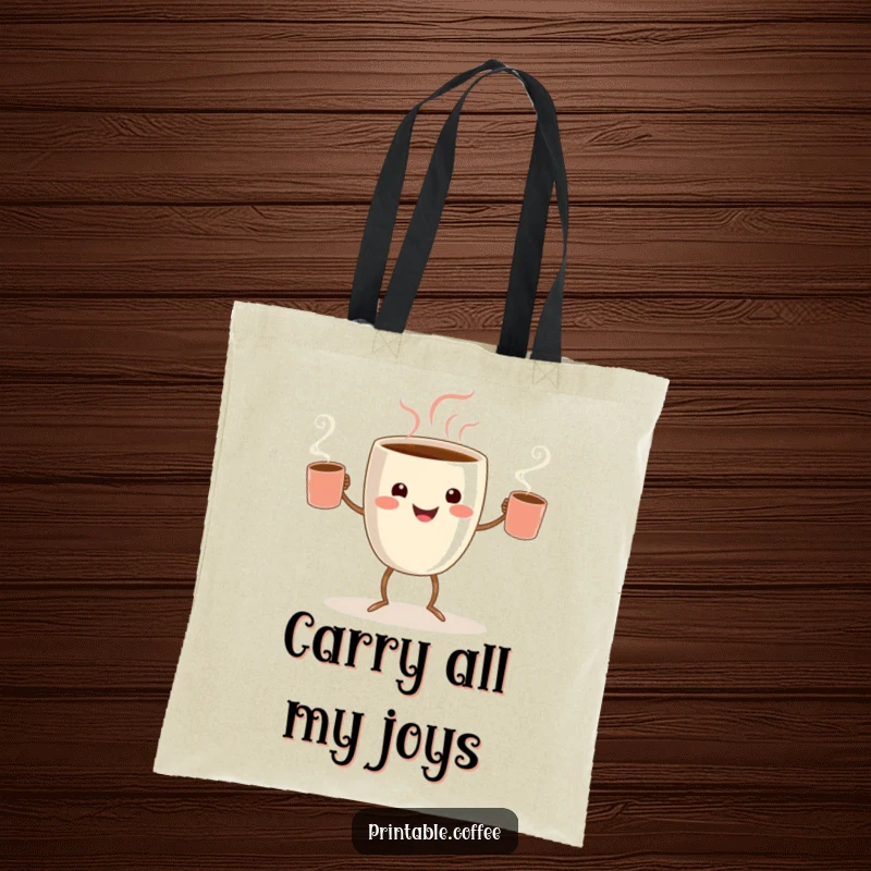 Funny coffee juggler tote bag with a smiling coffee cup character with tiny legs, juggling steaming mugs joyfully.